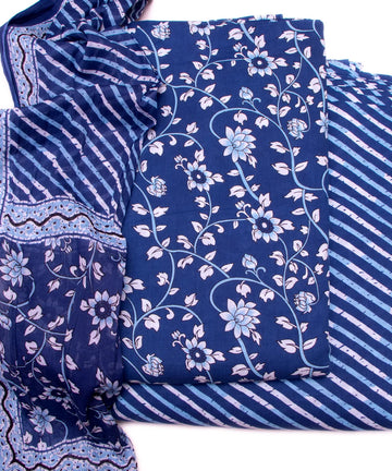 Blue Color Floral Print 3 Piece Cotton Suit Set